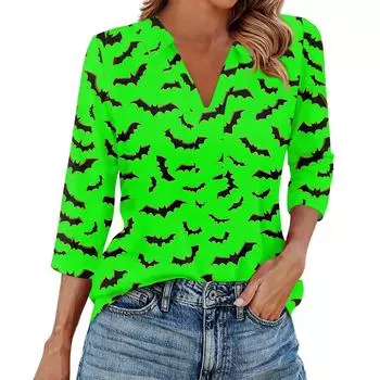 Женская модная повседневная рубашка с лацканами и рукавами 3/4 с принтом на Хэллоуин, женские топы с V-образным вырезом S зелёный