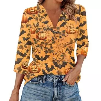 Женская модная повседневная рубашка с лацканами и рукавами 3/4 с принтом на Хэллоуин, женские топы с V-образным вырезом XL