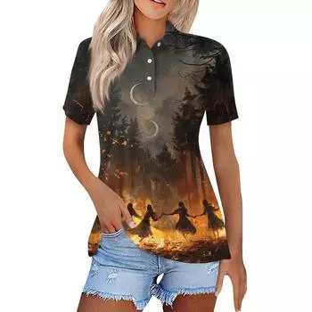 Женская модная повседневная рубашка с лацканами и короткими рукавами с принтом на Хэллоуин, женские топы на пуговицах L коричневый