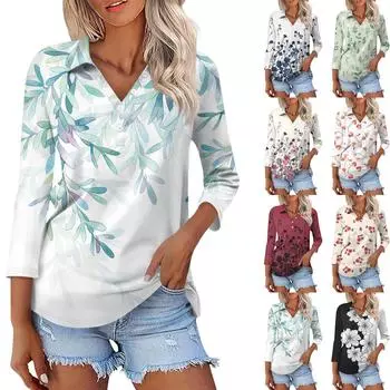 Женская модная повседневная рубашка с лацканами и цветочным принтом на пуговицах с рукавами 3/4 XXL