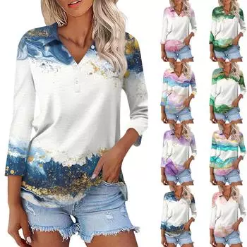 Женская модная повседневная рубашка с лацканами и цветочным принтом на пуговицах с рукавами 3/4 L