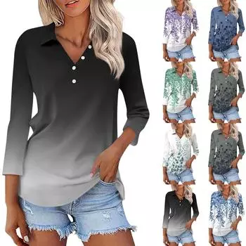 Женская модная повседневная рубашка с лацканами и цветочным принтом на пуговицах с рукавами 3/4 XXXL фиолетовый