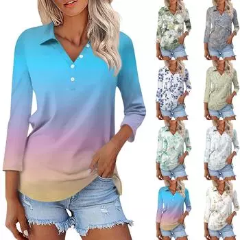 Женская модная повседневная рубашка с лацканами и цветочным принтом на пуговицах с рукавами 3/4 XL