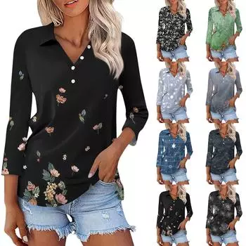 Женская модная повседневная рубашка с лацканами и цветочным принтом на пуговицах с рукавами 3/4 XL розовый