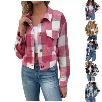 Женская модная повседневная рубашка с лацканами и пуговицами, клетчатая куртка с длинными рукавами L чёрный