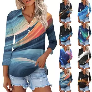 Женская модная повседневная рубашка с лацканами и цветочным принтом на пуговицах с рукавами 3/4 S