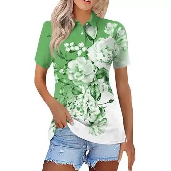 Женская модная повседневная рубашка с отворотом и коротким рукавом с цветочным принтом, женские топы на пуговицах L зелёный