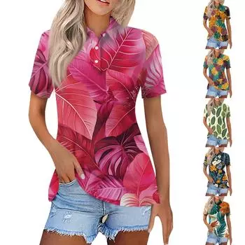 Женская модная повседневная рубашка с отворотом и коротким рукавом с принтом, женские топы на пуговицах XXL циан