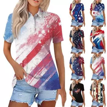Женская модная повседневная рубашка с отворотом и коротким рукавом с принтом, женские топы на пуговицах M синий