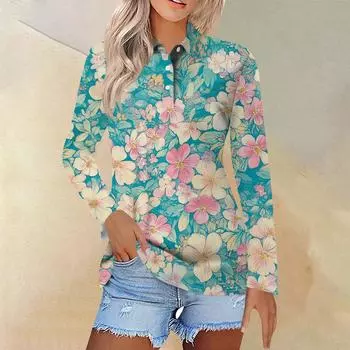 Женская модная повседневная рубашка с отворотом и длинным рукавом с принтом, женские топы на пуговицах L циан