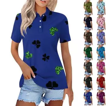 Женская модная повседневная рубашка с принтом на пуговицах с коротким рукавом XL тёмно-синий