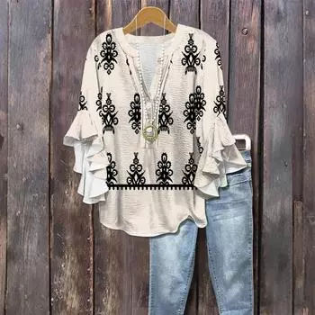 Женская модная повседневная рубашка с пуговицами, V-образным вырезом, рукавом семь восьмых и винтажным принтом L бежевый