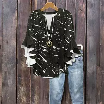 Женская модная повседневная рубашка с пуговицами, V-образным вырезом, рукавом семь восьмых и винтажным принтом L чёрный