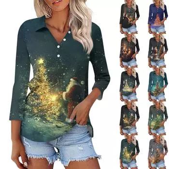 Женская модная повседневная рубашка с рукавами 3/4 и рождественским принтом на лацканах L винный