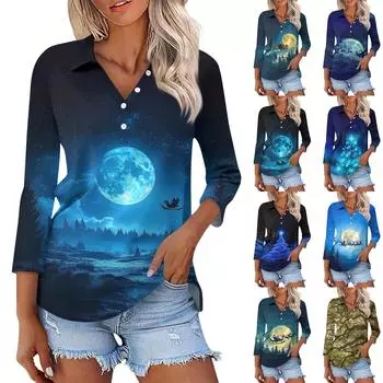 Женская модная повседневная рубашка с рукавами 3/4 и рождественским принтом на лацканах XXXL