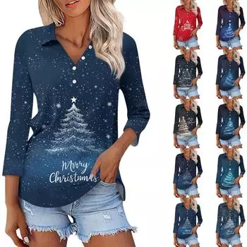 Женская модная повседневная рубашка с рукавами 3/4 и рождественским принтом на лацканах XL розовый