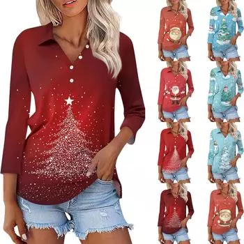 Женская модная повседневная рубашка с рукавами 3/4 и рождественским принтом на лацканах S фиолетовый