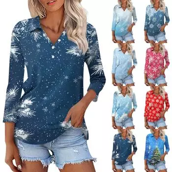 Женская модная повседневная рубашка с рукавами 3/4 и рождественским принтом на лацканах M