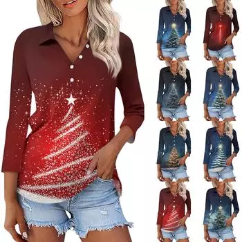 Женская модная повседневная рубашка с рукавами 3/4 и рождественским принтом на лацканах L фиолетовый