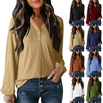 Женская модная повседневная рубашка с текстурированным V-образным вырезом на пуговицах XXL хаки