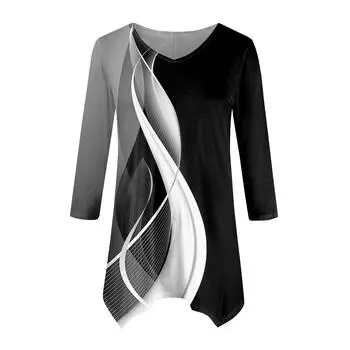 Женская модная повседневная рубашка с V-образным вырезом, контрастным цветным принтом, рукавом-семью, свободным удобным топом с поясом L чёрный