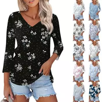 Женская модная повседневная рубашка с v-образным вырезом, свободная футболка с рукавом 3/4 и принтом, женский топ L чёрный