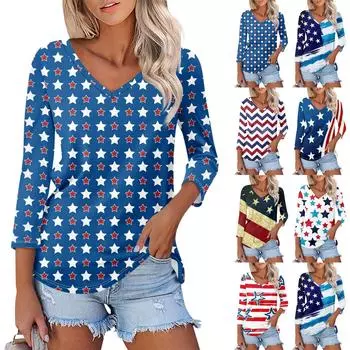 Женская модная повседневная рубашка с v-образным вырезом и рукавами 3/4, свободная футболка с принтом ко Дню независимости, женский топ L синий