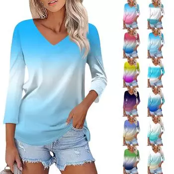 Женская модная повседневная рубашка с v-образным вырезом, свободная футболка с рукавом 3/4 и принтом, женский топ L синий