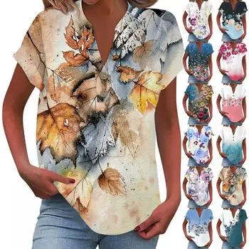 Женская модная повседневная рубашка с v-образным вырезом и коротким рукавом с принтом, футболка на пуговицах, топ