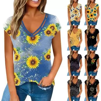 Женская модная повседневная рубашка с v-образным вырезом, свободная футболка с короткими рукавами и принтом, женский топ, жилет L чёрный