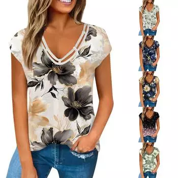 Женская модная повседневная рубашка с v-образным вырезом, свободная футболка с короткими рукавами и принтом, женский топ, жилет L чёрный