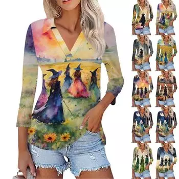 Женская модная повседневная рубашка с V-образным вырезом и рукавом 3/4 на Хэллоуин с принтом ведьмы S тёмно-синий