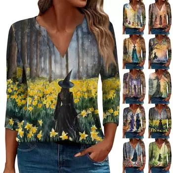 Женская модная повседневная рубашка с V-образным вырезом и рукавом 3/4 на Хэллоуин с принтом ведьмы L