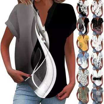 Женская модная повседневная рубашка с v-образным вырезом и коротким рукавом с принтом, футболка на пуговицах, топ XXL бежевый