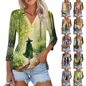 Женская модная повседневная рубашка с V-образным вырезом и рукавом 3/4 на Хэллоуин с принтом ведьмы XXL синий