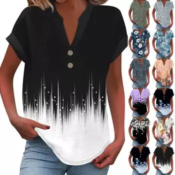 Женская модная повседневная рубашка с v-образным вырезом и коротким рукавом с принтом, футболка на пуговицах, топ L чёрный
