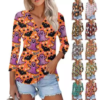 Женская модная повседневная рубашка с V-образным вырезом и рукавом 3/4 на Хэллоуин L чёрный