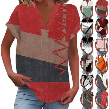 Женская модная повседневная рубашка с v-образным вырезом и коротким рукавом с принтом, футболка на пуговицах, топ L чёрный