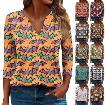Женская модная повседневная рубашка с V-образным вырезом и рукавом 3/4 на Хэллоуин с принтом ведьмы S оранжевый
