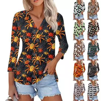 Женская модная повседневная рубашка с V-образным вырезом и рукавом 3/4 на Хэллоуин XL