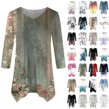 Женская модная повседневная рубашка с V-образным вырезом и цветочным принтом, рукава семь точек, свободный удобный топ с поясом L армия зеленый
