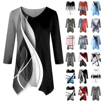 Женская модная повседневная рубашка с V-образным вырезом, контрастным цветным принтом, рукавом-семью, свободным удобным топом с поясом XL синий