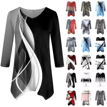 Женская модная повседневная рубашка с V-образным вырезом, контрастным цветным принтом, рукавом-семью, свободным удобным топом с поясом L чёрный