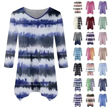 Женская модная повседневная рубашка с V-образным вырезом, полосатым принтом, рукавом-семью, свободным удобным топом с поясом XL верблюд