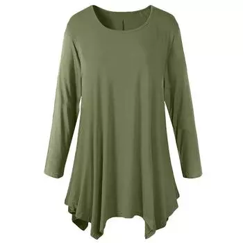 Женская модная повседневная рубашка средней длины с длинным рукавом и круглым вырезом, однотонная базовая рубашка L армия зеленый