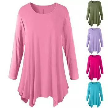 Женская модная повседневная рубашка средней длины с длинным рукавом и круглым вырезом, однотонная базовая рубашка L армия зеленый