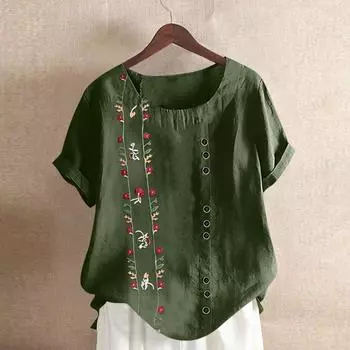 Женская модная повседневная рубашка в стиле ретро из хлопка и льна с вышивкой, свободная, с коротким рукавом L армия зеленый