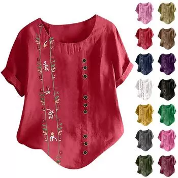 Женская модная повседневная рубашка в стиле ретро из хлопка и льна с вышивкой, свободная, с коротким рукавом S чёрный