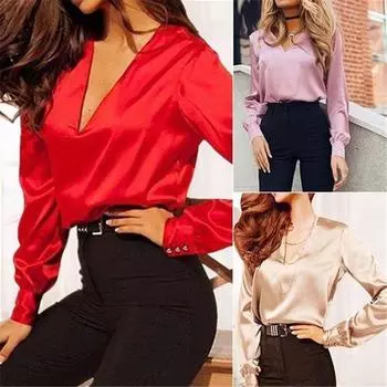 Женская модная повседневная сексуальная атласная блузка с глубоким v-образным вырезом и длинными рукавами на пуговицах, офисные рубашки, топы S красный