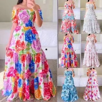 Женская модная повседневная сексуальная длинная юбка без бретелек с цветочным принтом на одно плечо XXXL фиолетовый